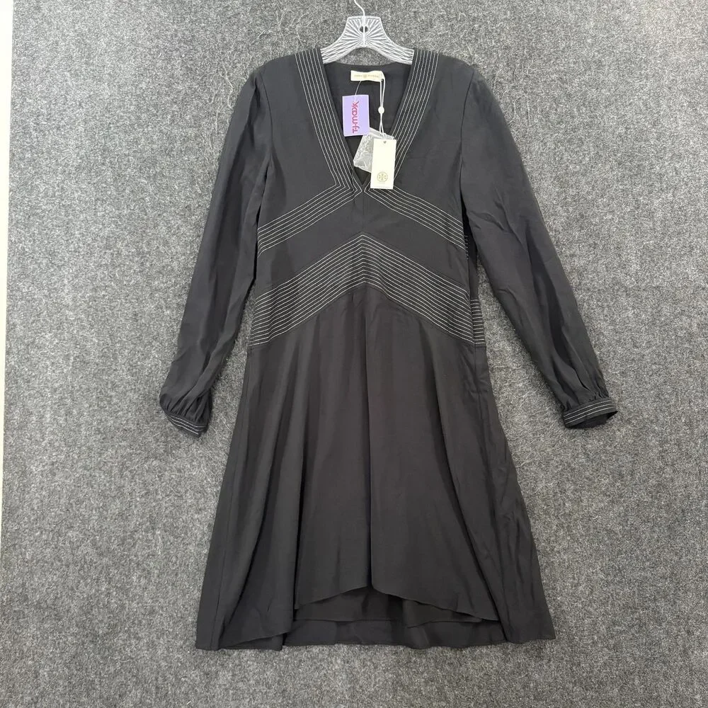 Tory Burch Varenne Tunic Dress Women's 4 Black Silk Stripe Shift Long Sleeve